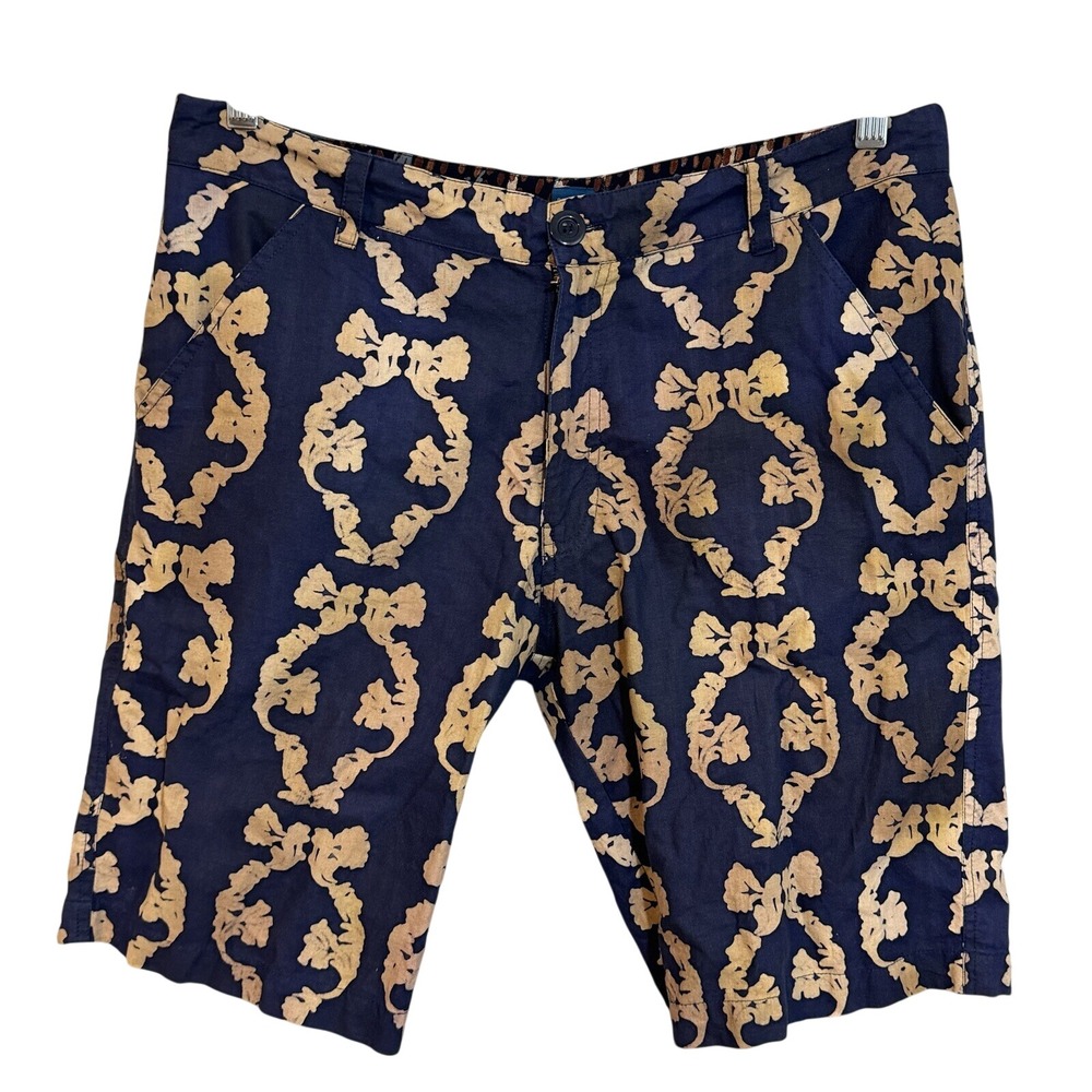 Quarzia Mens Navy Blue Tan Damask Baroque Cotton Chino Shorts Size L Hand Made